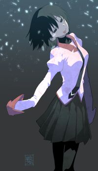 1girl :p artist_name black_eyes black_hair black_necktie black_pantyhose black_skirt blush bob_cut breasts closed_mouth commentary empty_eyes feet_out_of_frame from_side gradient_background grey_background hair_between_eyes head_tilt highres juliet_sleeves kikumaru_bunta light_blush light_smile long_sleeves looking_at_viewer looking_to_the_side monogatari_(series) naoetsu_high_school_uniform narrowed_eyes necktie oshino_ougi pantyhose pink_shirt pleated_skirt puffy_sleeves red_trim school_uniform shards shirt short_hair signature skirt sleeves_past_fingers sleeves_past_wrists small_breasts smile solo standing tehepero tongue tongue_out translated turtleneck undershirt