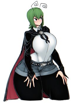 Rule 34 | 1girl, aged up, alternate breast size (larger), alternate costume, alternate form, alternate hairstyle, antennae, belt, breasts, brooch, cape, closed eyes, collared shirt, curvy, green hair, hands on thighs, highres, jewelry, large breasts, looking at another, pantyhose, shirt, short hair, shorts, simple background, solo, spacezin, tall female, thick thighs, thighs, toned, tongue, touhou, white background, white shirt, wide hips, wriggle nightbug