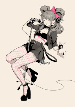 bow breasts cleavage commentary eightyfourart english_commentary fishnet_pantyhose fishnets hair_bow highres holding holding_microphone kujikawa_rise microphone one_eye_closed pantyhose persona persona_4 pink_bow twintails