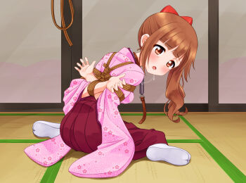 1girl arms_behind_back bdsm bit_gag blush bondage bound bound_arms bound_torso bound_wrists bow breast_bondage breasts brown_eyes brown_hair cherry_blossom_print crying crying_with_eyes_open floral_print floral_print_kimono gag gag_around_neck hakama hakama_skirt high_ponytail highres japanese_clothes kimono long_hair long_sleeves medium_breasts mukanata original pink_hakama pink_kimono ponytail print_kimono red_bow restrained rope saliva shibari shibari_over_clothes sitting skirt solo tabi tears ungagged unworn_gag wariza wide_sleeves
