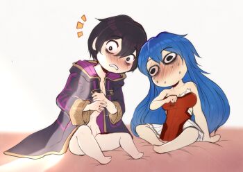 1boy 1girl bad_id bad_twitter_id bare_arms bare_legs blue_hair blush caught chibi cloak clothes_pull colorized couple dress dress_pull evomanaphy fire_emblem fire_emblem:_the_binding_blade fire_emblem_awakening fire_emblem_heroes highres indoors interrupted lilina_(fire_emblem) male_morgan_(fire_emblem) nervous nintendo no_mouth no_nose opening_door purple_hair red_dress scared strapless strapless_dress surprised sweatdrop unworn_clothes walk-in wardrobe_malfunction wide-eyed worried