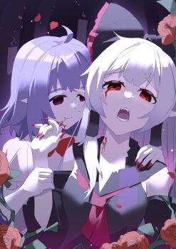 2girls absurdres alternate_color alternate_hair_color ascot bite_mark bite_mark_on_neck black_bow bleeding blood blood_on_face bow chinese_commentary closed_mouth commentary_request detached_sleeves fang fang_out fangs fingernails flower frilled_bow frills grey_hair hair_bow hair_tubes hakurei_reimu hand_on_another's_shoulder highres holding_another's_wrist long_fingernails long_hair looking_at_viewer monsterification multiple_girls no_headwear open_mouth pointy_ears purple_hair red_ascot red_eyes red_flower red_nails red_rose remilia_scarlet rose sdftehn touhou vampire