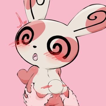 1girl :o @_@ absurdres animal_ears animal_nose anus ass back black_eyes blush body_fur disembodied_hand female_focus from_behind furry furry_female furry_with_non-furry gen_3_pokemon grabbing_another&#039;s_ass groping hand_up highres interspecies looking_at_viewer looking_back motion_lines nintendo open_mouth pink_background pokemon pokemon_(creature) red_fur red_leopard short_tail simple_background solo_focus spinda standing tail tail_wagging two-tone_fur