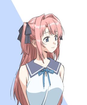 1girl black_ribbon blue_background blue_ribbon closed_mouth hair_intakes hair_ribbon highres kamiina_botan kamiina_botan_yoeru_sugata_wa_yuri_no_hana long_hair nazo_no_anime-dan neck_ribbon pink_hair ribbon shirt smile two-tone_background two_side_up white_background white_shirt