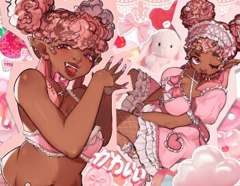 1girl absurdres bow bowtie breasts commentary curly_hair dark-skinned_female dark_skin dress ear_piercing face_piercing fang fangs frilled_dress frills hair_ornament highres kiki_nene large_breasts multiple_views nose_piercing original piercing pink_bow pink_bowtie pink_eyes pink_hair pink_nails pointy_ears puffy_sleeves solo star_(symbol) symbol-only_commentary tongue_piercing vampire