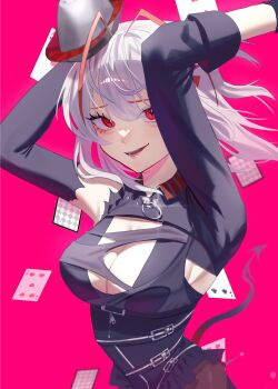 Rule 34 | 1girl, ambience synesthesia, antenna hair, arknights, arms up, black dress, black hat, breasts, card, commentary, cross-shaped pupils, demon tail, dress, hat, highres, large breasts, long sleeves, looking at viewer, magnum 0000, multicolored hair, official alternate costume, open mouth, pink background, playing card, red eyes, red hair, simple background, solo, symbol-only commentary, symbol-shaped pupils, tail, two-tone hair, upper body, w (arknights), w (wanted) (arknights), white hair