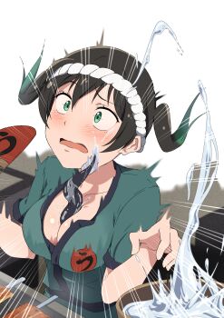 1girl absurdres animal animal_between_breasts between_breasts black_hair breasts chef cleavage cooking eel fish fish_(food) green_eyes grilled_eel happi highres japanese_clothes love_live! love_live!_nijigasaki_high_school_idol_club medium_breasts medium_hair multicolored_hair rope sarashi surprised takasaki_yu twintails two-tone_hair water wet wide-eyed zasshoku_ojisan