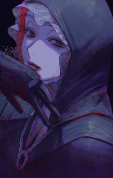 absurdres aura black_background blood blood_stain chromatic_aberration close-up commentary_request covering_own_mouth dark dark_aura elden_ring elden_ring_nightreign from_side highres jewelry lips long_eyelashes necklace nun pale_skin portrait red_eyes ring ring_necklace signature suidrawsui undertaker_(elden_ring)