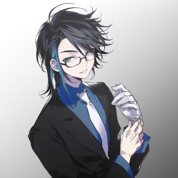 1boy asymmetrical_hair black-framed_eyewear black_hair black_jacket blue_eyes blue_hair blue_shirt glasses gloves gradient_background grey_background hair_between_eyes hanaseto highres jacket kamen_rider kamen_rider_den-o_(series) lapels long_sleeves male_focus multicolored_hair necktie nogami_ryoutarou notched_lapels putting_on_gloves shirt smile solo streaked_hair two-tone_hair upper_body urataros white_gloves white_necktie wing_collar