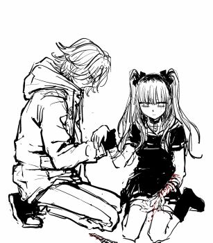 1boy 1girl amemiya_darumi aotsuki_eito black_gloves bleeding blood blood_on_arm bloody_weapon boxcutter closed_mouth cuts full_body glasses gloves greyscale highres injury kneeling long_hair monochrome multicolored_hair self-harm simple_background sketch the_hundred_line_-last_defense_academy- twintails weapon
