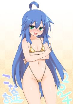Rule 34 | 1girl, :3, ahoge, bikini, blue hair, blush, breasts, collarbone, gold bikini, golden week, green eyes, highleg, highleg bikini, highres, izumi konata, kogaku kazuya, long hair, looking at viewer, lucky star, micro bikini, mole, mole under eye, navel, open mouth, satin bikini, shiny swimsuit, small breasts, smile, solo, stomach, swimsuit, thighs, wide hips