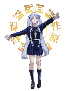1girl alternate_costume blue_nails blue_serafuku blue_socks casting_spell commentary_request doll_joints elden_ring elden_ring_nightreign frown full_body grey_hair highres holding joints kneehighs long_hair long_sleeves looking_at_viewer magic miniskirt neckerchief osakana_(denpa_yun'yun) outstretched_arms pleated_skirt purple_eyes revenant_(elden_ring) school_uniform serafuku shoes simple_background skirt socks solo spread_arms standing twintails v-shaped_eyebrows very_long_hair white_background white_neckerchief