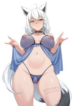 1girl ahoge animal_ear_fluff animal_ear_piercing animal_ears aqua_eyes babydoll black_choker blue_babydoll blue_panties blush braid breasts cameltoe choker closed_mouth commentary double-parted_bangs english_commentary fox_ears fox_girl fox_shadow_puppet fox_tail gluteal_fold hair_between_eyes highleg highleg_panties highres hololive large_breasts long_hair looking_at_viewer myth1carts navel nipples panties pendant_choker see-through_clothes shirakami_fubuki side_braid simple_background single_braid smile solo standing stomach tail tail_around_own_leg underwear very_long_hair virtual_youtuber white_background white_hair