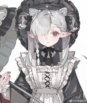 Rule 34 | 1girl, apron, black nails, braid, close-up, full body, gothic lolita, grey hair, hair over one eye, hair ribbon, highres, holding, holding umbrella, japanese clothes, lolita fashion, looking at viewer, maid, original, pointy ears, red eyes, ribbon, solo, umbrella, vampire, wa maid, watermark, weibo username, weibo watermark, zhangyu guagua