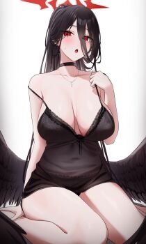 1girl absurdres alternate_costume black_chemise black_choker black_hair black_panties black_wings blue_archive blush breasts chemise choker commentary cross cross_necklace feathered_wings hair_between_eyes halo hand_up hasumi_(blue_archive) highres huge_breasts jewelry lace lace-trimmed_panties lace_trim lingerie long_hair long_hair_between_eyes looking_at_viewer low_wings mole mole_under_eye navel necklace open_mouth panties ponytail red_eyes red_halo see-through_clothes simple_background sitting solo strap_slip untranslatable_commentary teeth underwear upper_teeth_only very_long_hair wanne white_background wings