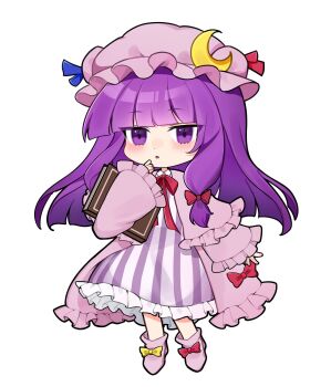 Rule 34 | 1girl, blush, book, boots, bow, bowtie, capelet, chibi, chibi only, commentary request, crescent, crescent hat ornament, dress, footwear bow, full body, hair bow, hat, hat ornament, highres, long hair, looking at viewer, mob cap, mokou cooking, open mouth, paid reward available, patchouli knowledge, pink boots, pink capelet, pink dress, pink hat, purple eyes, purple hair, red bow, red bowtie, simple background, solo, striped clothes, striped dress, touhou, vertical-striped clothes, vertical-striped dress, white background, yellow bow