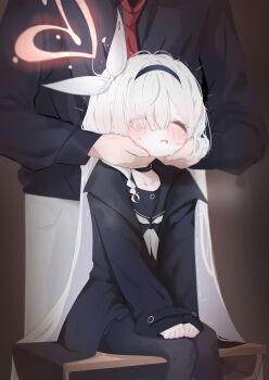 1boy 1girl absurdres black_choker black_hairband black_jacket black_pantyhose black_sailor_collar black_serafuku black_shirt black_skirt blue_archive blush braid choker closed_eyes eyes_visible_through_hair hair_over_one_eye hair_ribbon hairband hands_on_another&#039;s_face highres jacket long_hair neckerchief necktie open_mouth pants pantyhose plana_(blue_archive) red_necktie ribbon sailor_collar school_uniform sensei_(blue_archive) serafuku sharp_to_sharp shirt single_braid sitting skirt white_neckerchief white_pants white_ribbon