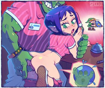 1girl 2boys anal_fingering anus ass blue_hair blush bombchu bombchu_bowling_girl bottomless call_bell colored_skin counter fingering ganondorf green_eyes green_skin link lipstick looking_back makeup multiple_boys nail_polish nintendo pen pink_nails pointy_ears pussy pussy_juice red_hair sharp_teeth short_hair speech_bubble speedoru sweat teeth the_legend_of_zelda the_legend_of_zelda:_ocarina_of_time young_link