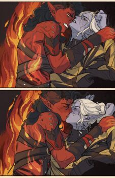 Rule 34 | 2girls, absurdres, arm guards, asymmetrical hair, baldur's gate, baldur's gate 3, bare shoulders, black hair, black jacket, blonde hair, bracer, brush (brush2h), burning, chest harness, chinese commentary, clenched teeth, closed eyes, colored skin, commentary request, dark elf, demon girl, demon horns, elf, eye contact, face-to-face, fire, french kiss, from side, grey skin, hair bun, harness, head back, highres, holding another's wrist, horns, jacket, karlach, kiss, looking at another, medium hair, minthara, multiple girls, neck tattoo, parted lips, pointy ears, red eyes, red skin, sequential, short hair, sidecut, single hair bun, tattoo, teeth, tiefling, undercut, upper body, yellow eyes, yuri