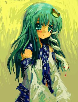 Rule 34 | 1girl, :o, aqua eyes, aqua hair, blush, detached sleeves, eyerealm, frog hair ornament, green background, hair ornament, highres, kochiya sanae, long hair, looking at viewer, snake, solo, touhou, upper body, white snake