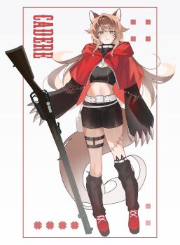 1girl :| absurdres animal_ear_legwear animal_ears belt black_shorts breasts brown_hair cat_ear_legwear claws cleavage closed_mouth commentary cropped_jacket dot_nose full_body gradient_hair gun highres jacket long_hair mane0u0a medium_breasts multicolored_hair original red_jacket red_shoes shoes shorts sports_bra stitches weapon white_background white_belt white_hair yellow_eyes zipper