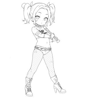1girl aged_down alfa_j0r animification baseball_bat belt boots bracelet choker clothes_writing crop_top dc_comics earrings female_focus fishnet_pantyhose fishnets hair_ribbon harley_quinn high_heel_boots high_heels highres holding holding_baseball_bat jewelry legs_apart loli looking_at_viewer micro_shorts midriff monochrome navel pantyhose parted_bangs parted_lips ribbon short_hair short_twintails shorts simple_background solo spiked_bracelet spikes standing studded_belt suicide_squad thighs torn_clothes torn_pantyhose twintails white_background
