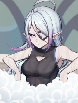 1girl armpits bare_shoulders bath bathing black_shirt blue_eyes blue_eyeshadow blue_hair blue_lips breasts bubble_bath commentary eyepatch eyeshadow haniwa_(amesi_su) hilary_flail inazuma_eleven_(series) inazuma_eleven_go inazuma_eleven_go_galaxy large_breasts long_hair looking_to_the_side makeup multicolored_hair pointy_ears purple_hair shirt sleeveless sleeveless_shirt solo triangle_cutout two-tone_hair wet wet_clothes