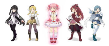 5girls akemi_homura akemi_homura_(magical_girl) argyle_clothes argyle_legwear armband aura beret black_hair blonde_hair blue_eyes blue_hair bow bubble_skirt cape corset drill_hair everyone fingerless_gloves food gloves hair_bow hairband hat highres holding holding_poke_ball kaname_madoka kaname_madoka_(magical_girl) lineup long_hair magical_girl mahou_shoujo_madoka_magica mahou_shoujo_madoka_magica_(anime) miki_sayaka miki_sayaka_(magical_girl) multiple_girls nintendo nori_senbei pantyhose parody pink_eyes pink_hair pocky pointing poke_ball pokemon ponytail purple_eyes red_eyes red_hair sakura_kyoko sakura_kyoko_(magical_girl) shield short_hair short_twintails simple_background skirt soul_gem striped_clothes striped_legwear striped_thighhighs style_parody thighhighs throwing throwing_poke_ball tomoe_mami tomoe_mami_(magical_girl) twin_drills twintails vertical-striped_clothes vertical-striped_legwear vertical-striped_thighhighs white_background yellow_eyes zettai_ryouiki