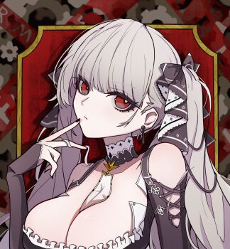 1girl azur_lane bare_shoulders between_breasts black_nails black_ribbon black_sleeves blunt_bangs breasts cleavage closed_mouth commentary_request cross-laced_clothes cross-laced_sleeves detached_collar expressionless fingernails formidable_(azur_lane) frills gears grey_hair hair_behind_ear hair_ribbon hand_up highres huge_breasts kewei_xmeng long_hair long_sleeves looking_at_viewer nail_polish necktie necktie_between_breasts portrait red_background red_eyes ribbon short_sideburns sideburns sideways_glance sleeves_past_wrists solo twintails twirling_hair white_necktie