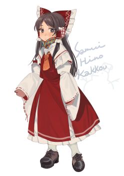 1girl absurdres adapted_costume ascot bow brown_eyes brown_hair closed_mouth commentary_request detached_sleeves frilled_bow frilled_hair_tubes frills full_body hair_bow hair_tubes hakurei_reimu highres long_hair looking_at_viewer mittens red_bow red_mittens red_skirt ribbon-trimmed_sleeves ribbon_trim romaji_text scarf shi_chimi skirt skirt_set solo touhou translation_request winter_clothes yellow_ascot