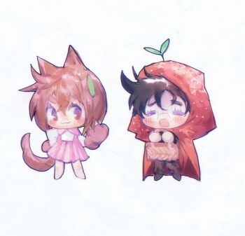 Rule 34 | 1boy, 1girl, :3, animal earrings, animal ears, ayase momo, barefoot, basket, black hair, black pants, black shoes, blush, brown eyes, brown hair, chibi, chibi only, cloak, closed eyes, cosplay, dandadan, de557777, dress, full body, glasses, highres, holding, holding basket, hood, hood up, hooded cloak, little red riding hood (fairy tale character), little red riding hood (fairy tale character) (cosplay), looking at another, neckerchief, open mouth, pants, pinafore dress, pink dress, pink neckerchief, red cloak, red hood, shirt, shirt under dress, shoes, sleeveless, sleeveless dress, smile, sprout on head, tail, takakura ken (dandadan), thick eyebrows, white background, white shirt, wolf ears, wolf girl, wolf tail