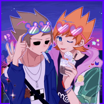 !? 2boys adapted_costume animification blue_border blue_eyes blue_hoodie border bracelet brown_hair clothes_writing commentary cup drawstring eddsworld eyewear_on_head food food_in_mouth green_jacket hair_behind_ear heart heart-shaped_eyewear holding holding_food holding_ice_cream hollow_eyes hood hood_down hoodie ice_cream jacket jewelry light_blush long_sleeves male_focus matt_(eddsworld) multiple_boys necklace one_eye_closed open_clothes open_hoodie open_mouth orange_hair perlite_(2959195863) popsicle popsicle_in_mouth purple_hood see-through_clothes see-through_sleeves shirt short_hair short_sleeves smile spiked_hair star_(symbol) sunglasses tom_(eddsworld) tomee_bear_(eddsworld) tongue tongue_out upper_body v white_shirt