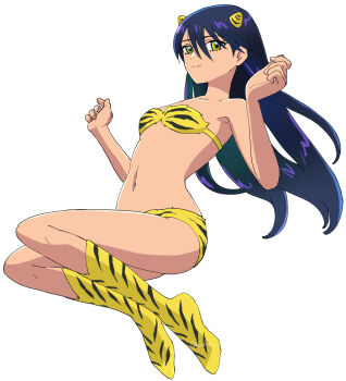 1girl animal_print bad_id bad_twitter_id bikini boots cone_horns cosplay full_body fur_bikini gundam gundam_gquuuuuux highres horns long_hair looking_at_viewer lum lum_(cosplay) midair nyaan_(gundam_gquuuuuux) oni print_boots purple_hair rsuhima simple_background small_horns smile solo strapless strapless_bikini striped_horns swimsuit tiger_panties tiger_print urusei_yatsura white_background yellow_bikini yellow_boots yellow_eyes yellow_horns