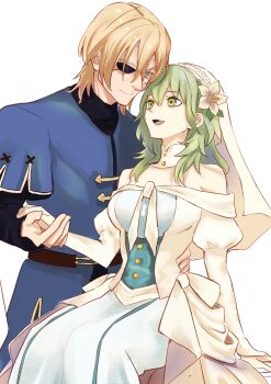 1boy 1girl absurdres arm_around_waist bare_shoulders blonde_hair blue_coat blue_eyes breasts bridal_veil bride closed_mouth coat couple cowboy_shot detached_collar dimitri_alexandre_blaiddyd dress eyepatch female_byleth_(fire_emblem) fire_emblem fire_emblem:_three_houses flower green_eyes groom hair_between_eyes hair_flower hair_ornament hetero highres holding_hands husband_and_wife large_breasts long_hair medium_hair nintendo off-shoulder_dress off_shoulder open_mouth rino_han smile veil wedding_dress white_background