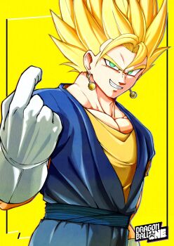 1boy blonde_hair blue_pants blue_sash blue_shirt cowboy_shot dougi dragon_ball dragonball_z earrings gloves green_eyes highres jewelry medium_hair muscular muscular_male orange_shirt pants parted_lips potara_earrings sash shin_(mrgt2288) shirt simple_background smirk solo spiked_hair super_saiyan super_saiyan_1 teeth vegetto white_gloves yellow_background
