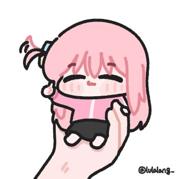 Rule 34 | 1girl, black skirt, bocchi the rock!, chibi, closed eyes, closed mouth, facing viewer, full body, gotoh hitori, hair wagging, hand up, highres, holding, holding mini person, jacket, long hair, lulalang, mini person, minigirl, one side up, out of frame, pink hair, pink jacket, simple background, skirt, smile, solo focus, thumbs up, white background