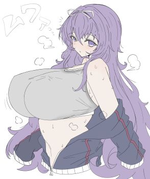 black_jacket blush bouncing breasts commentary_request hair_ribbon highres huge_breasts jacket kuro_wa3 long_hair looking_at_viewer messy_hair murasaki_(senran_kagura) navel open_clothes open_jacket purple_eyes purple_hair ribbon senran_kagura sports_bra sweat very_long_hair visible_air white_ribbon