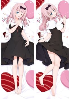 1girl ;d barefoot black_bow black_dress blue_eyes blunt_bangs bow breasts commentary_request dakimakura_(medium) dress finger_to_mouth fujiwara_chika hair_bow heart heart-shaped_pillow kaguya-sama_wa_kokurasetai_~tensai-tachi_no_renai_zunousen~ long_hair lying medium_breasts moeanime multiple_views on_back on_stomach one_eye_closed open_mouth pillow pinafore_dress pink_hair school_uniform shirt shushing shuuchiin_academy_school_uniform sleeveless sleeveless_dress smile soles summer_uniform white_shirt