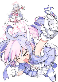 &gt;_&lt; 2girls :d absurdres ahoge alternate_costume bare_shoulders blue_archive blue_hair blush bow bowtie clenched_hand clenched_hands closed_eyes cosplay curly_hair detached_sleeves dress drill_hair earrings floating_clothes full_body gloves hair_between_eyes hair_ornament halo hand_up haruyuki_(gffewuoutgblubh) highres holding holding_staff jewelry logo long_hair looking_at_viewer mage_staff magical_girl multicolored_hair multicolored_thighhighs multiple_girls official_alternate_costume official_alternate_hairstyle open_mouth pantyhose pink_bow pink_hair pink_halo pink_shoes puffy_short_sleeves puffy_sleeves purple_bow purple_bowtie purple_eyes purple_hair purple_pantyhose purple_shoes reisa_(blue_archive) reisa_(magical)_(blue_archive) request_inset shoes short_sleeves simple_background sketch smile staff star_(symbol) star_earrings star_hair_ornament star_halo strapless strapless_dress streaked_hair striped_clothes striped_pantyhose suzumi_(blue_archive) suzumi_(magical)_(blue_archive) sweat symbol_in_eye thighhighs triangle_mouth twintails two-tone_hair v-shaped_eyebrows very_long_hair wavy_mouth white_background white_dress white_gloves white_hair white_thighhighs winged_shoes wings xd