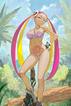 Rule 34 | 1girl, bikini, blonde hair, breasts, commentary request, gluteal fold, long hair, looking at viewer, medium breasts, multicolored hair, navel, nintendo, plumeria (pokemon), pokemon, pokemon sm, purple bikini, purple hair, slit pupils, solo, stomach, swimsuit, very long hair, yellow eyes, yugen99