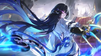 1girl absurdres bad_link black_gloves black_hair black_horns blue_fire blue_flower blue_hair burnt_clothes claw_(weapon) claws colored_inner_hair demon_tail dress fire flower game_cg gloves glowing glowing_eyes hair_between_eyes hair_ornament highres honkai:_star_rail honkai_(series) horns looking_at_viewer looking_back multicolored_hair official_art parted_lips purple_eyes solo stairs tail the_dahlia_(honkai:_star_rail) throne two-tone_hair weapon white_dress