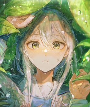 1girl blush commentary_request fingernails grey_eyes grey_hair hands_up highres kani39598876746 leaf long_sleeves looking_at_viewer medium_hair original parted_lips sailor_collar solo straight-on upper_body water_drop wet