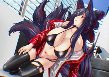 Rule 34 | 1girl, alternate costume, animal ears, azur lane, bare shoulders, bikini, black bikini, black choker, black hair, black thighhighs, breasts, character request, choker, cleavage, cosplay, eggprotain, folded hair, fox ears, fox girl, fox tail, hair between eyes, highres, jacket, kitsune, kyuubi, large breasts, long hair, multi-strapped bikini bottom, multicolored hair, multiple tails, official alternate costume, oshiro project:re, race queen, red eyes, red jacket, streaked hair, swimsuit, taihou (azur lane), taihou (azur lane) (cosplay), taihou (enraptured companion) (azur lane), tail, thighhighs, unused tire, updo