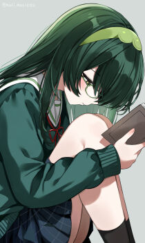 1girl black_socks book closed_mouth commentary_request glasses green-framed_eyewear green_hair green_sweater highres holding holding_book long_hair long_sleeves plaid_clothes plaid_skirt sailor_collar school_uniform skirt socks solo sweater touhoku_zunko twitter_username urabanasimati voiceroid white_sailor_collar yellow_eyes