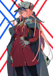 Rule 34 | 1girl, bad id, bad pixiv id, black pantyhose, blue cross, closed mouth, cross, darling in the franxx, green eyes, hand on own hip, hat, highres, jacket, jacket on shoulders, long hair, long sleeves, looking at viewer, military, military hat, military uniform, pantyhose, pink hair, red cross, simple background, solo, standing, uniform, white background, you (nanban319), zero two (darling in the franxx)