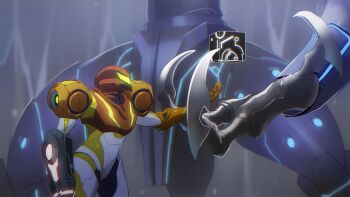 1girl arm_cannon armor chozo_statue claws green_visor metroid metroid_dread nintendo power_suit_(metroid) samus_aran shoulder_armor signature teke varia_suit water waterfall weapon