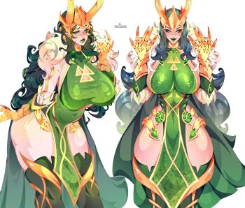 Rule 34 | 1girl, absurdres, black hair, black thighhighs, blush, breasts, cape, cleavage, cleavage cutout, clothing cutout, commentary, curvy, dress, english commentary, eyeshadow, fake horns, fur trim, gauntlets, gold gauntlets, gold helmet, green cape, green dress, green eyes, green eyeshadow, green lips, helmet, highres, horned helmet, horns, huge breasts, lady loki, lixsium, loki (marvel), long hair, looking at viewer, makeup, marvel, marvel rivals, multiple views, pelvic curtain, simple background, smile, thick thighs, thighhighs, thighs, thor (marvel) (series), white background, wide hips