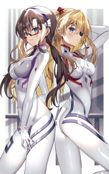 Rule 34 | 2girls, @shun, ass, blue eyes, bodysuit, breasts, brown hair, covered navel, evangelion: 3.0+1.0 thrice upon a time, eyepatch, glasses, grin, hand on own knee, hands on another's shoulders, highres, interface headset (evangelion), long hair, looking at viewer, makinami mari illustrious, mecha pilot suit, medium breasts, multiple girls, neon genesis evangelion, plugsuit (evangelion), rebuild of evangelion, shiny clothes, skin tight, smile, souryuu asuka langley, thighs, white bodysuit, wide hips