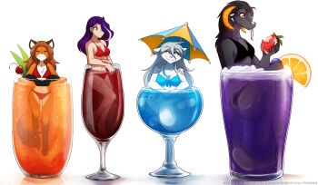 4girls alcohol animal_ears animal_feet bikini black_bikini black_hair blue_bikini cup dragon_girl drink food fox_ears fox_girl fox_tail fruit furry furry_female grey_hair highres horns in_container in_cup laura_(twokinds) long_hair maren_taverndatter mini_person minigirl multiple_girls official_art orange_(fruit) orange_hair orange_slice parasol princess_reni purple_hair raine_silverlock red_bikini simple_background sitting snout strawberry swimsuit tail tom_fischbach tongue tongue_out twokinds umbrella very_long_hair white_background white_fur wolf_ears wolf_girl wolf_tail yellow_eyes