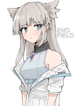 Rule 34 | 1girl, animal ears, arknights, bare shoulders, bird ears, bird girl, blue eyes, breasts, closed mouth, commentary, dress, enunomiya, extra ears, grey hair, highres, jacket, long hair, medium breasts, off shoulder, open clothes, open jacket, perlica (arknights), short sleeves, simple background, sleeveless, sleeveless dress, solo, upper body, very long hair, white background, white dress, white jacket
